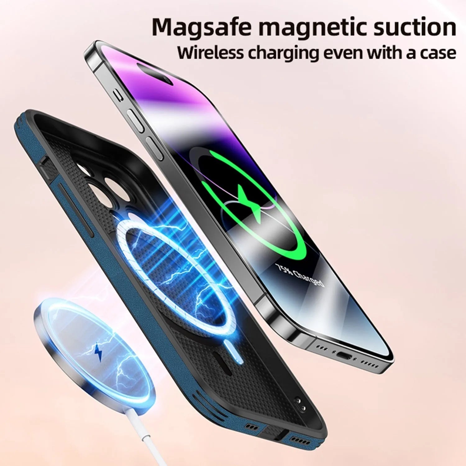iPhone 16 series imitation leather phone case with embossed moose head design showing magnetic charging compatibility