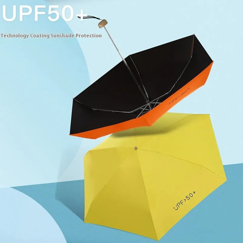Closed five-fold compact sun umbrella with a rubber handle, shown in one of eleven available colours.