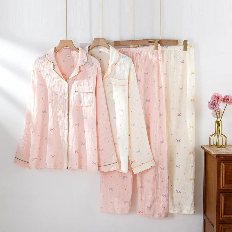 Women's long sleeve cotton pajamas set in pink and beige colour options