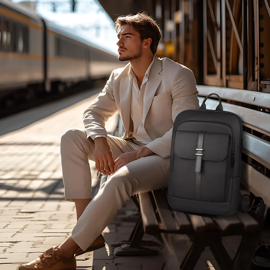 Black Oxford cloth backpack with sewing line detailing for urban commuting