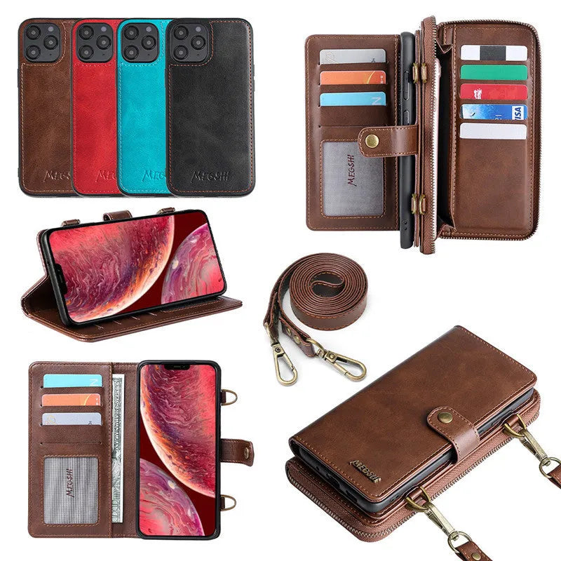 Black detachable wallet leather flip phone case shown open and closed, for Samsung Galaxy Note and iPhone models.