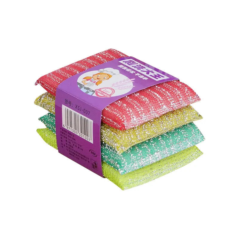 Macaron coloured pinstripe fabric dishwashing sponge mop with plastic handle on a kitchen surface.