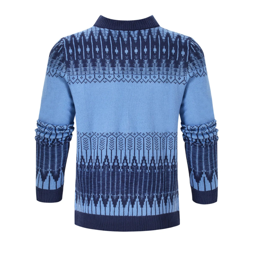 Men's grey crew neck knitted sweater with long sleeves laid flat