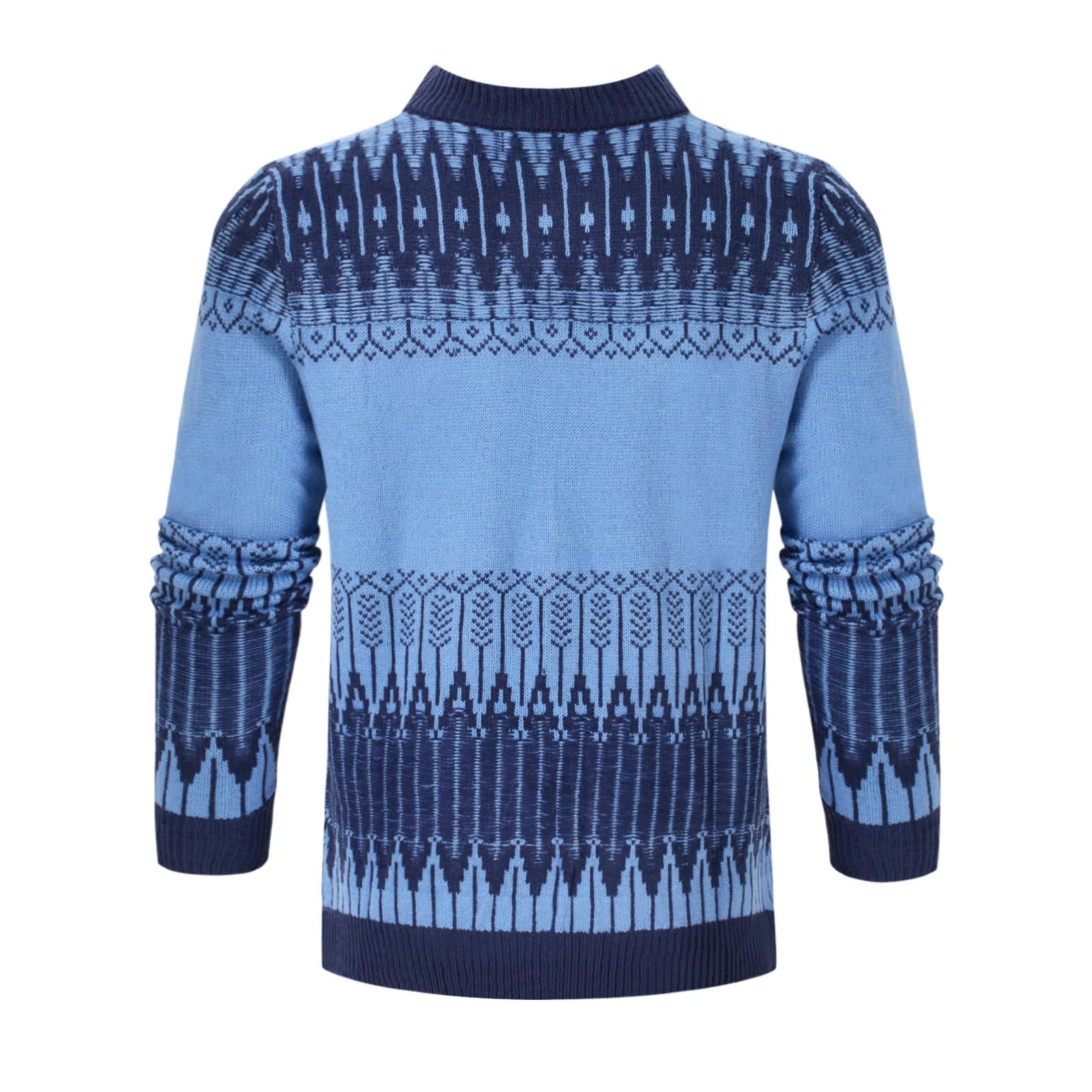 Men's grey crew neck knitted sweater with long sleeves laid flat