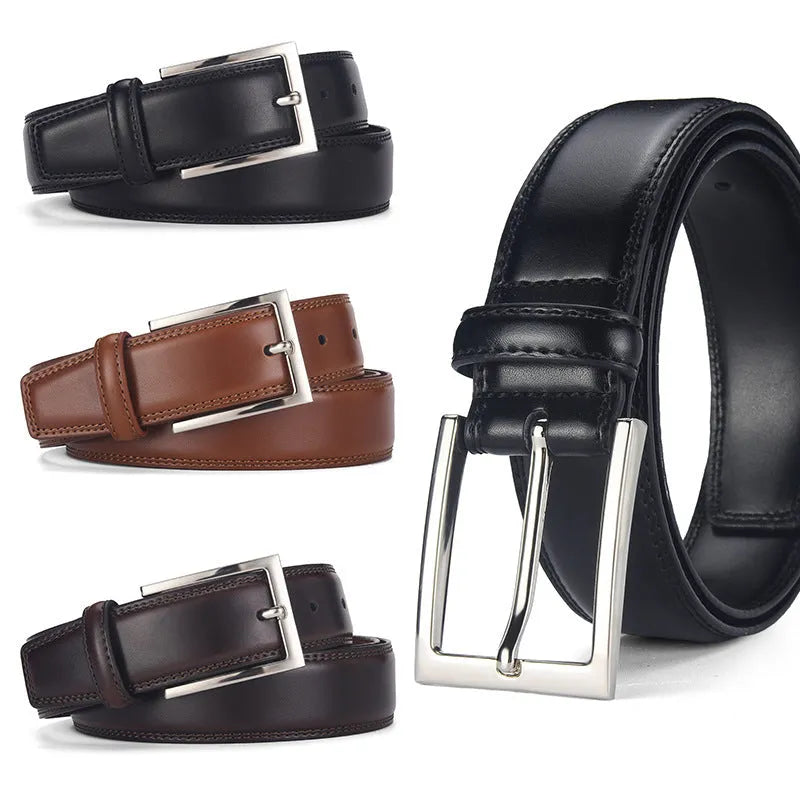 Men's black genuine leather belt with an alloy pin buckle, shown with a length measurement chart.