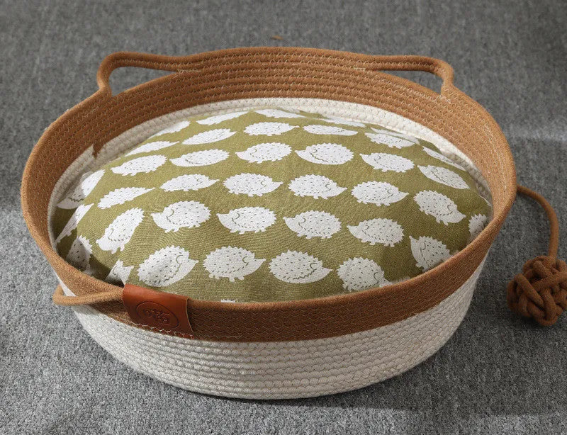 Grey cotton rope and rattan cat nest with optional cushion, small 35cm size