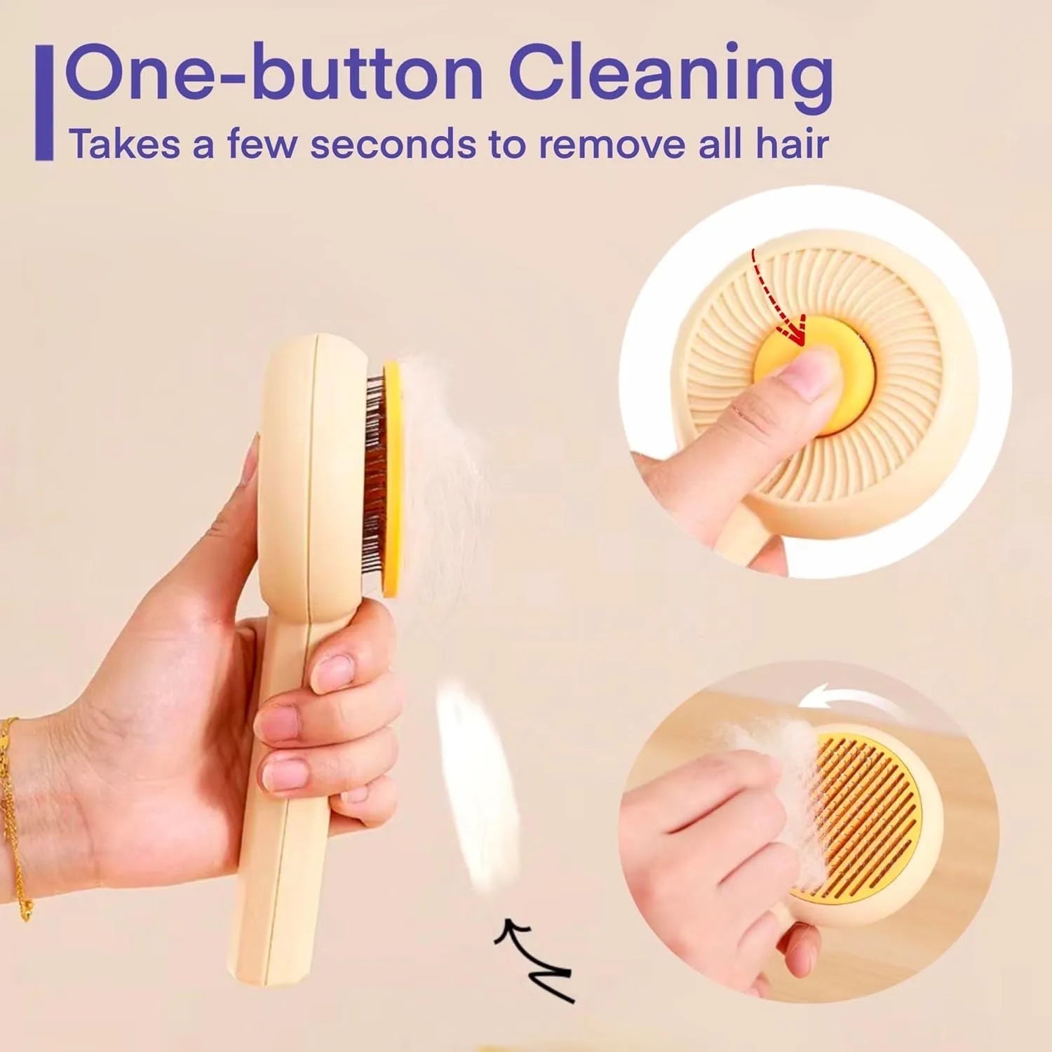 Blue and yellow pet deshedding brush with metal pins and a self-cleaning button on the handle.