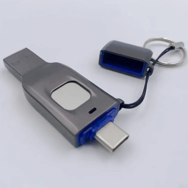 Fingerprint encrypted USB flash drive with USB 3.0 and USB-C interfaces in metal casing