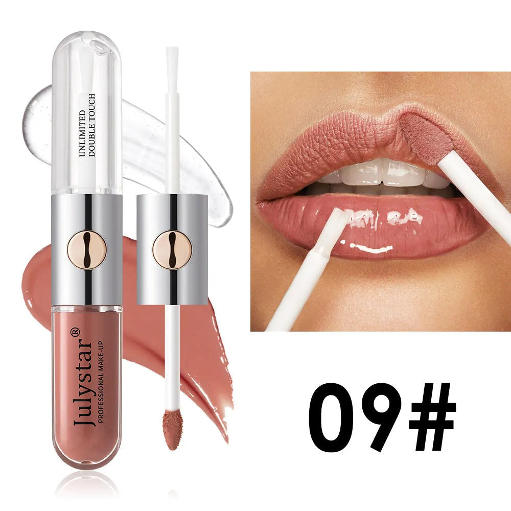 Women's fashion lip gloss tube in 6ml size showing range of nine colour style options.