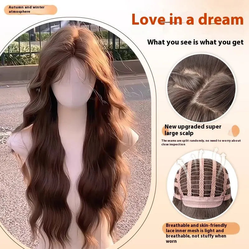 Full-head long curly hair wig with side bangs in high temperature fibre material