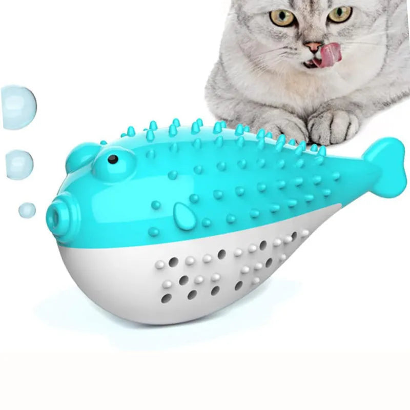 Silicone fish-shaped chew toy for cats in four colours: blue, green, pink, and yellow.