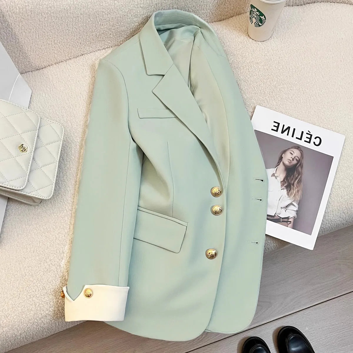 Women's Korean-style loose coat in polyester with 65cm length and commuting design