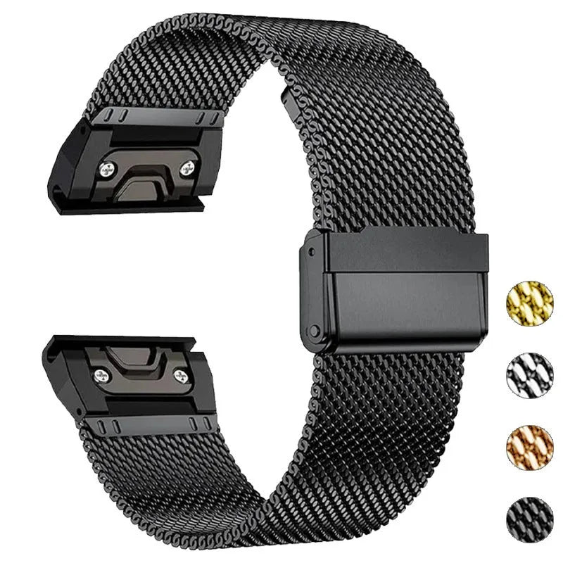 Stainless steel card strap for Garmin Fenix watches in silver, black, gold, and rose gold colours showing width options