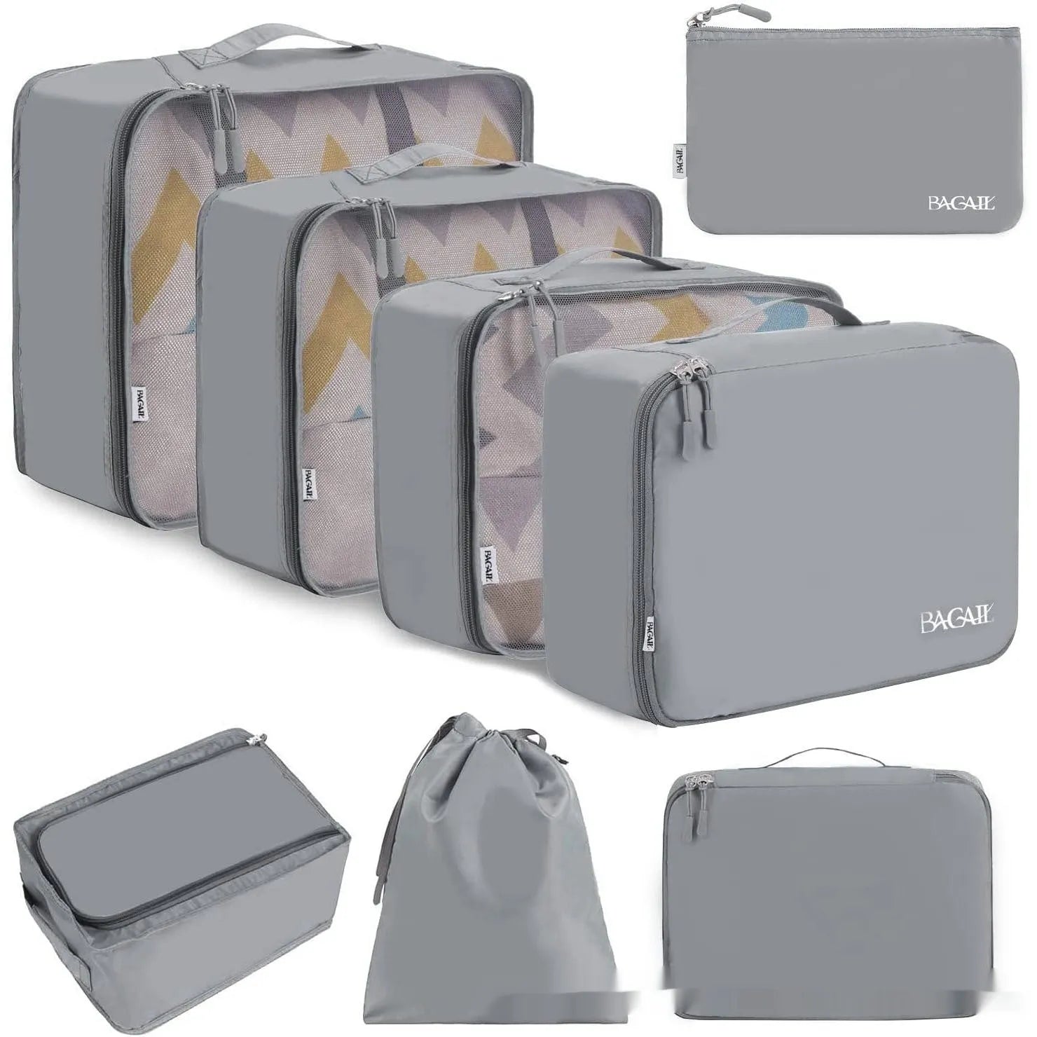 Set of eight cubic packing cubes for travel organisation in various colours including beige, black, and pink leopard print.