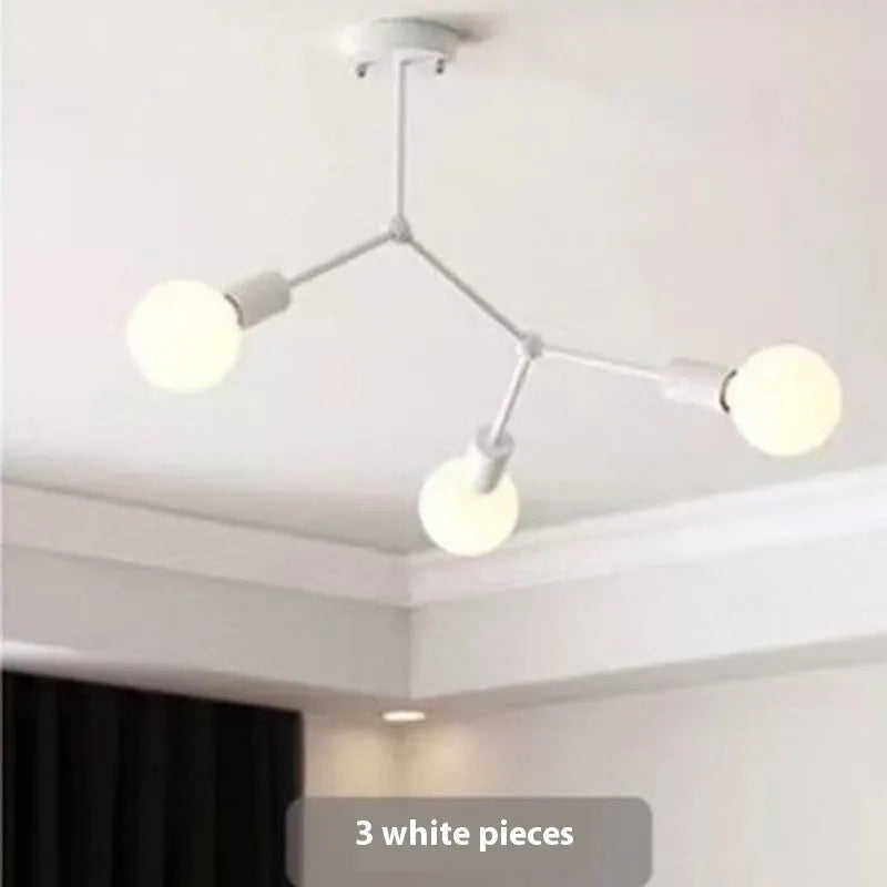 Nordic style iron chandelier ceiling lamp in black or white with multiple light heads.