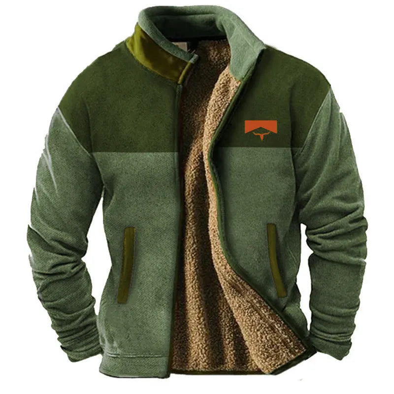 Men's green fleece-padded polyester coat on a hanger, regular length.