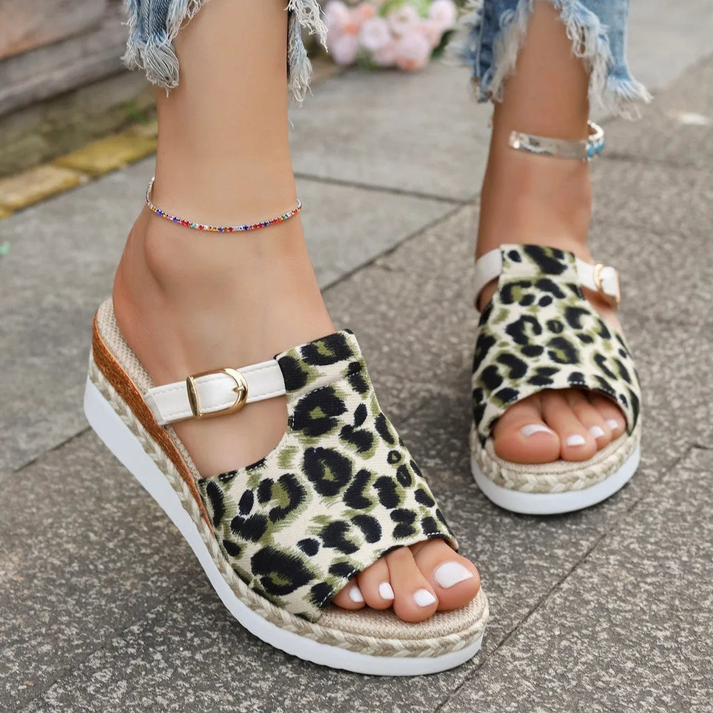 Leopard print platform wedge sandals with a fish mouth toe bracket in beige, light green, and yellow colours
