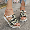 Leopard print platform wedge sandals with a fish mouth toe bracket in beige, light green, and yellow colours