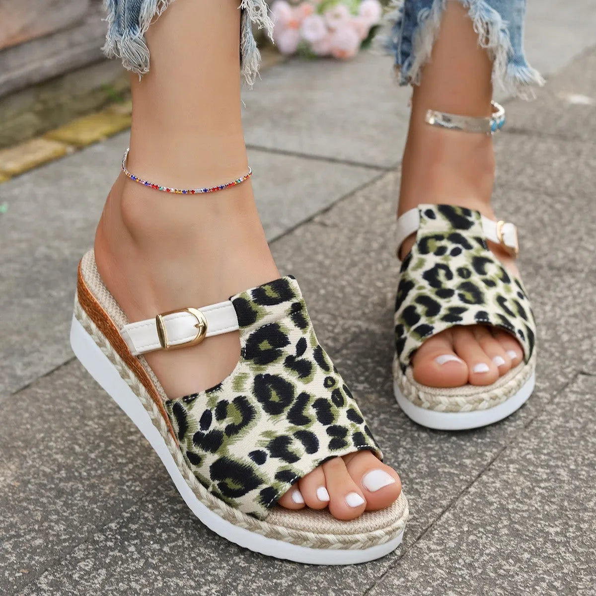Leopard print platform wedge sandals with a fish mouth toe bracket in beige, light green, and yellow colours