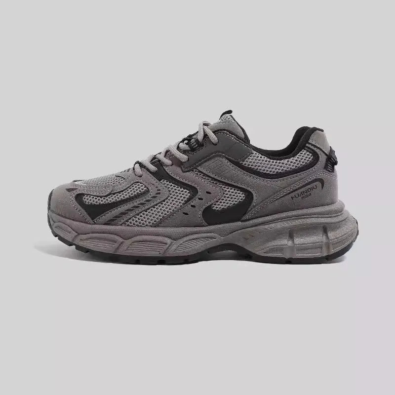 Men's low-top platform casual sneaker dad shoes with EVA sole and leather stitching on PU mesh upper