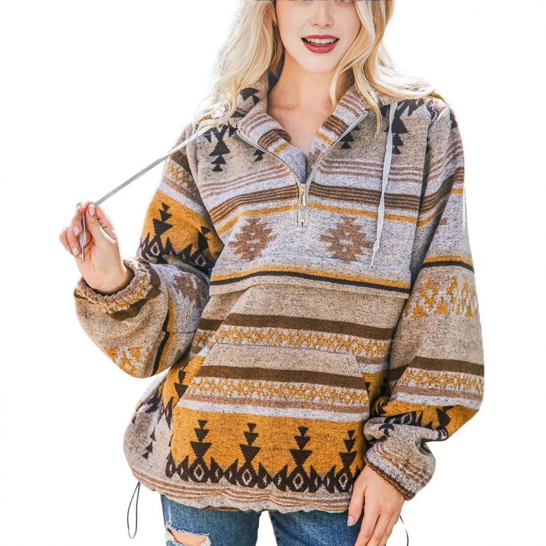 Women's retro fashion half-zip long sleeve sweatshirt with 3D digital print, loose fit pullover in polyester, front view