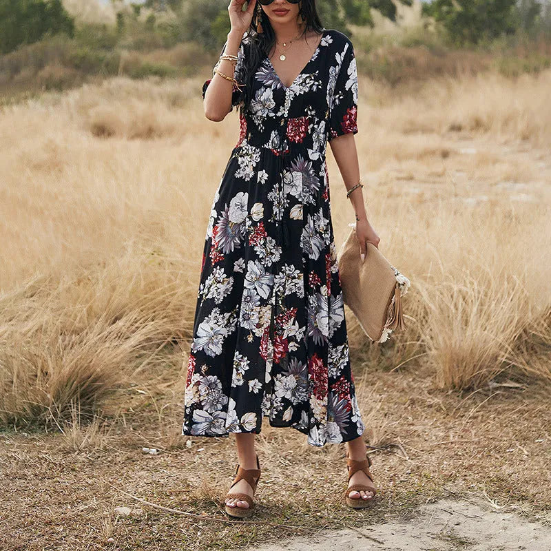 Floral print women's beach dress with V neck and elastic waist in blue colour