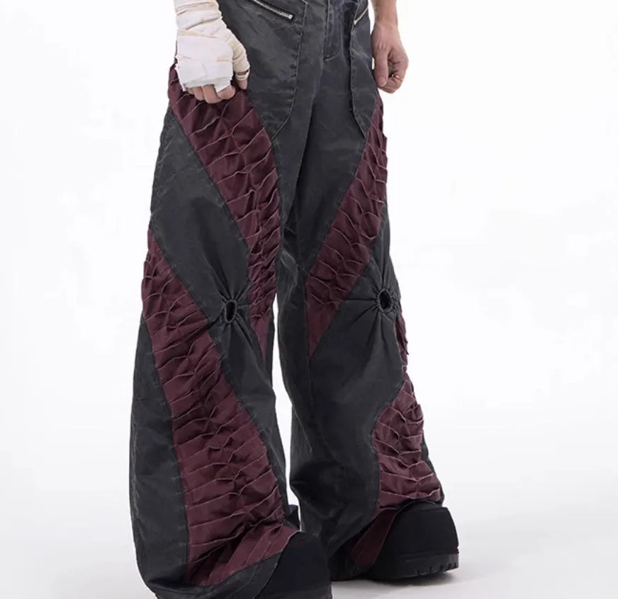 Retro three-dimensional keel casual sports pants in grey rayon viscose fabric, showing tight fit and straight hem.