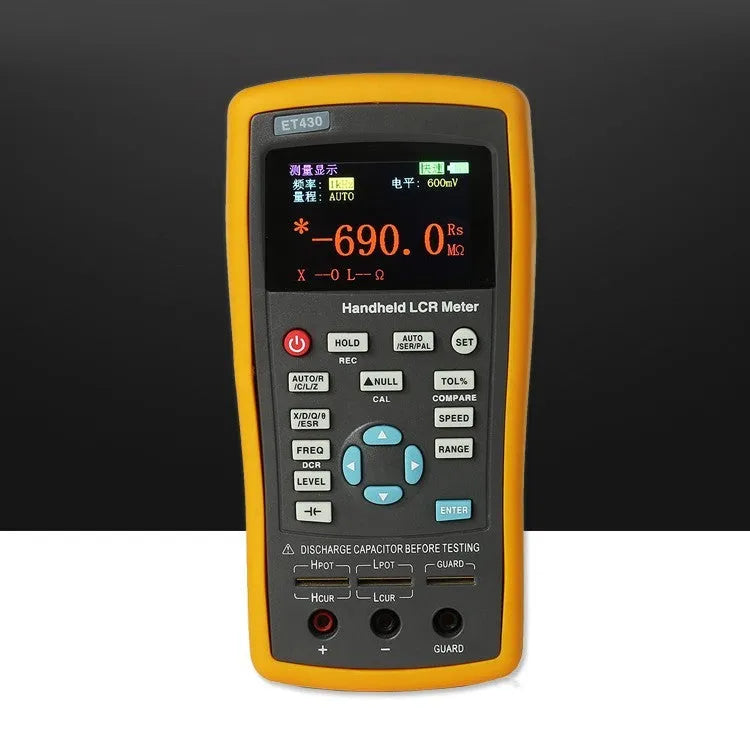 ET432 handheld LCR digital bridge with 2.8 inch TFT LCD, 100Hz to 100kHz range, Kelvin test clamp.