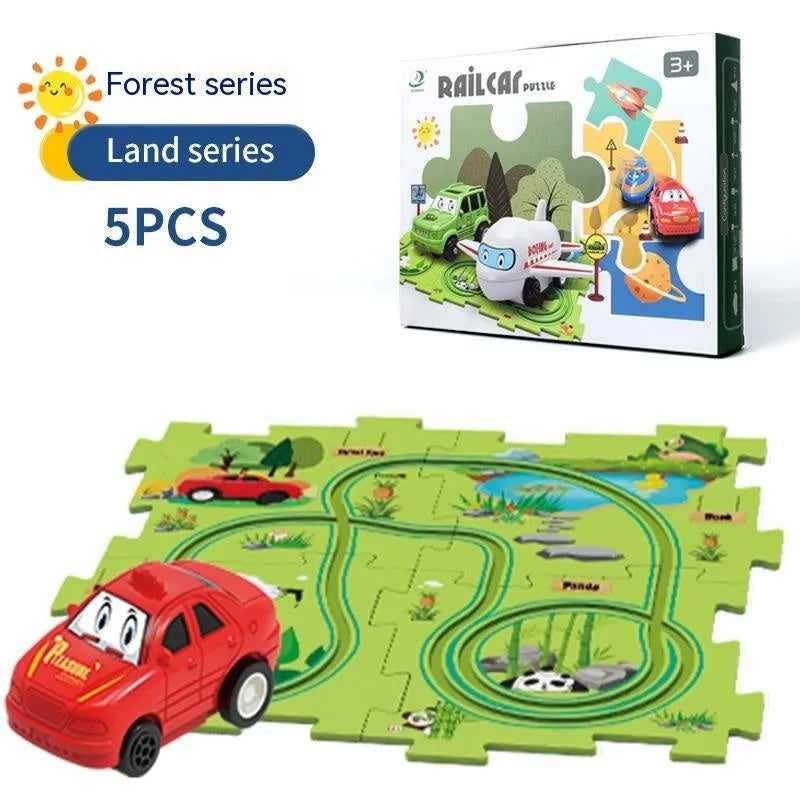 Children puzzle electric railroad speeder DIY track set with automatic car on grooved rails