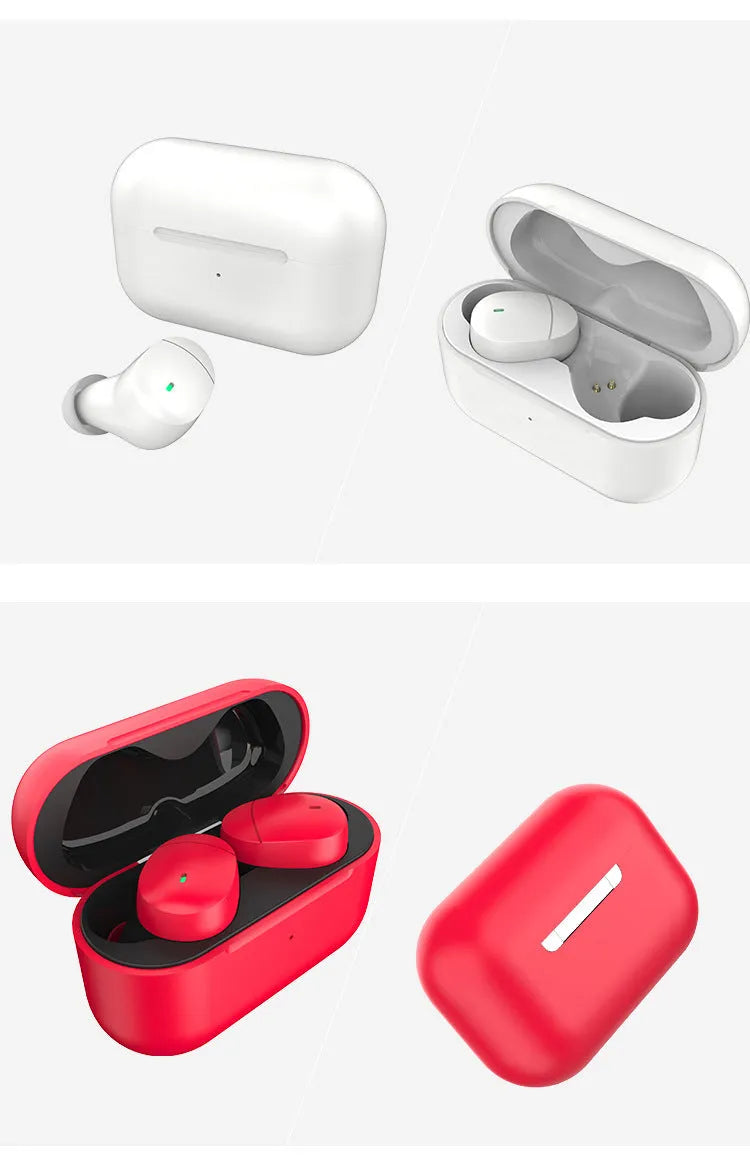 Flame red Qualcomm TWS 3040 true wireless Bluetooth earphones with charging cable.