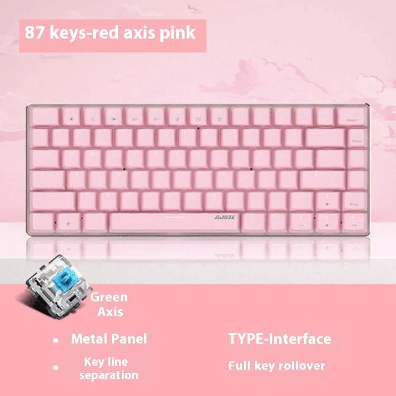 White backlit 82-key metal mechanical gaming keyboard with pink switches for laptops.