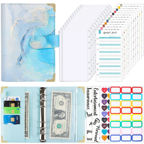 A6 loose-leaf budget notebook with UV blue gray printed cover, ring binder, and budget cards set