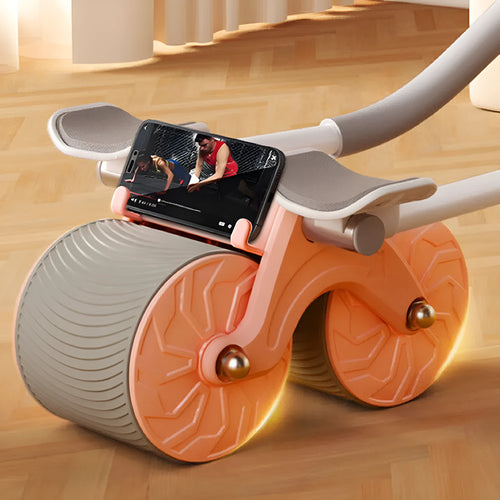 Black abdominal exercise wheel with automatic rebound next to red and black lock edge yoga mat for core workouts