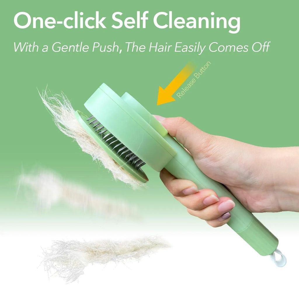 Green and yellow pet grooming brush with stainless steel teeth for deshedding cats and dogs