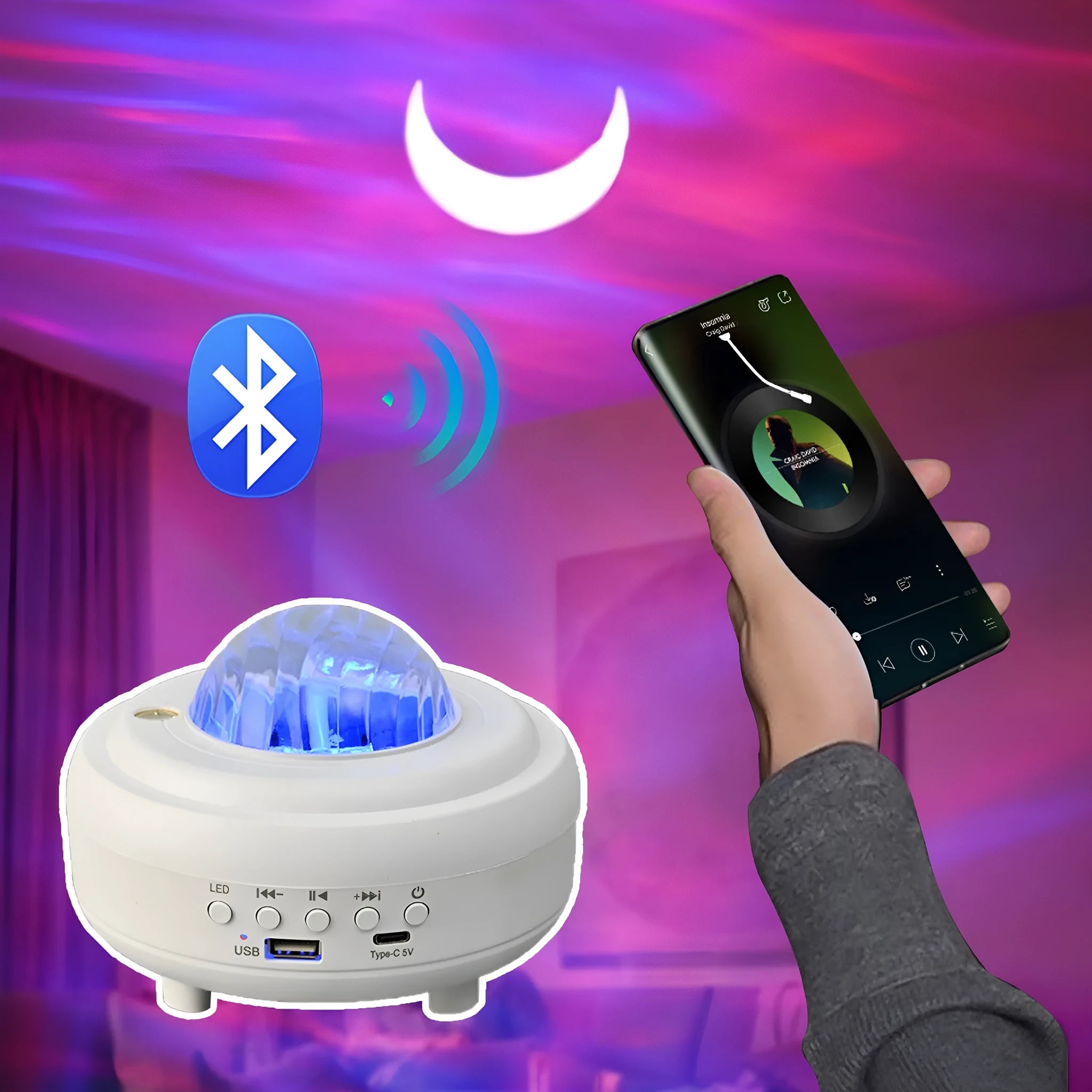 White Bluetooth star projector night light showing celestial projection effects on wall