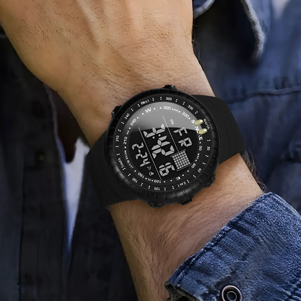 Black men's outdoor electronic watch with large dial on an adjustable PU strap.