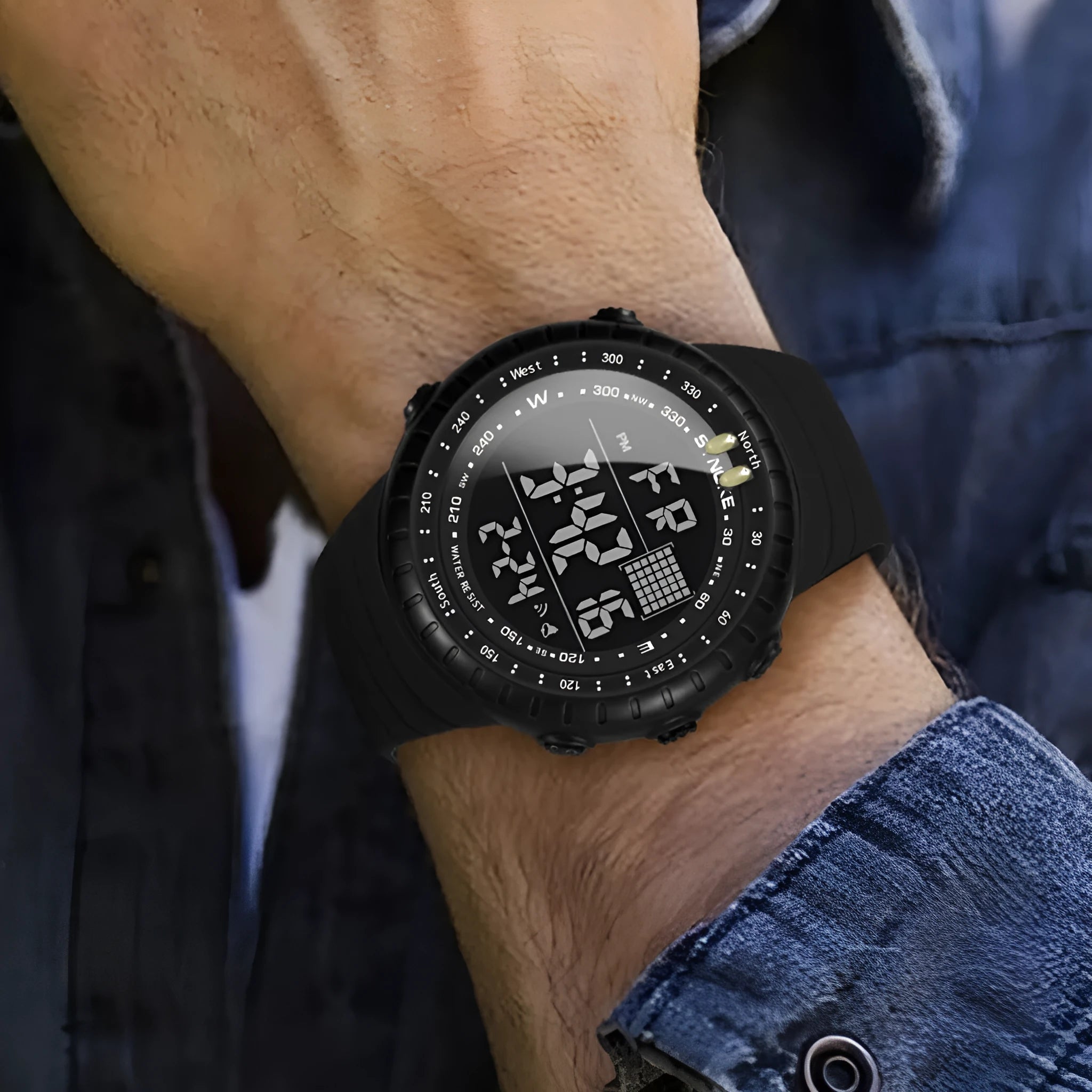 Black men's outdoor electronic watch with large dial on an adjustable PU strap.