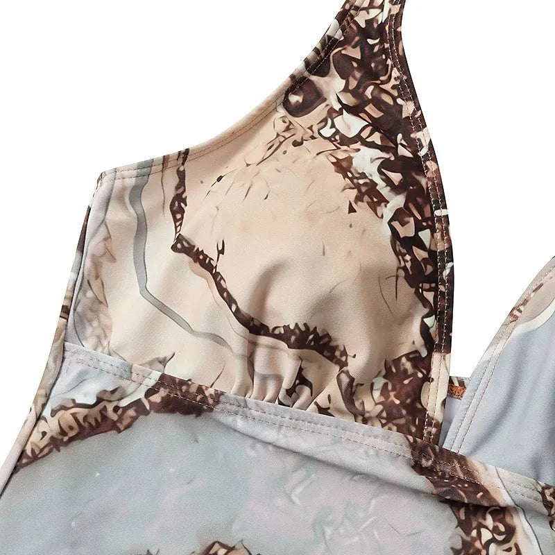 Brown women's split bikini swimsuit on display