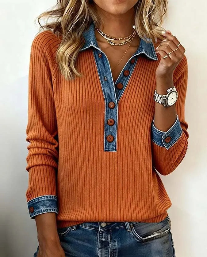 Denim collar long sleeve pullover knitwear top with contrast denim collar, solid colour body, street fashion style