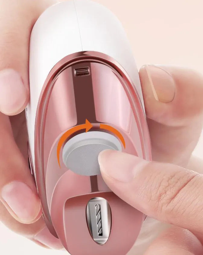 Electric nail clipper and polisher two-in-one tool in blue, orange, or white colours with Type-C charging cable