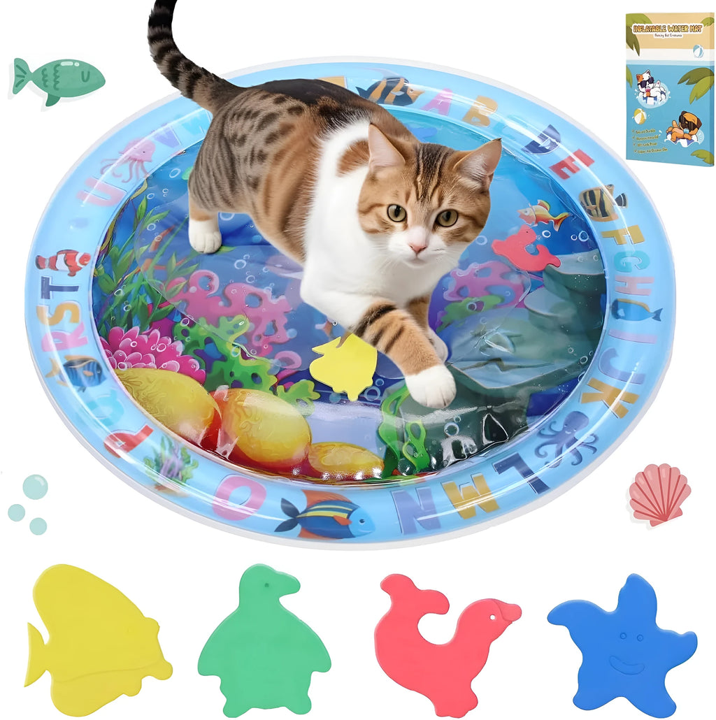 Square blue water sensory playmat for cats with floating fish toys inside, shown inflated on a floor.
