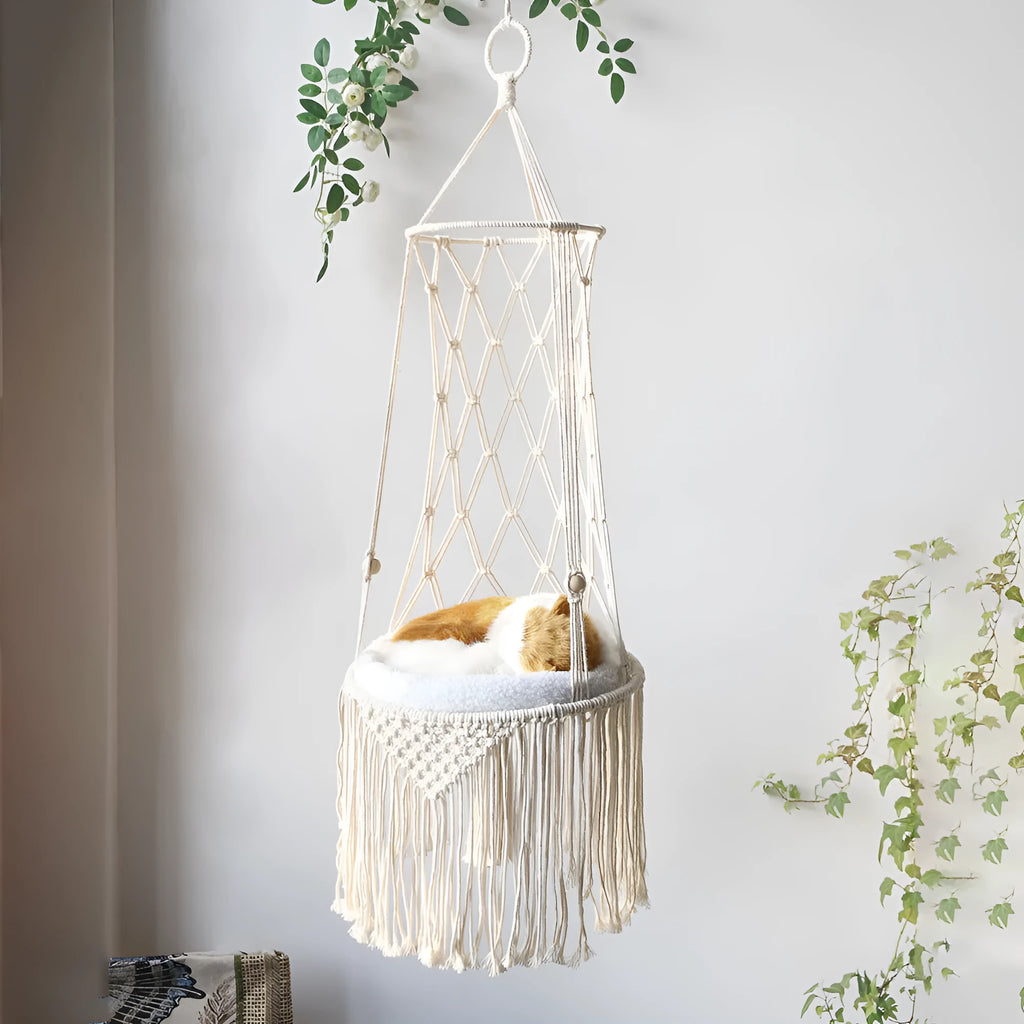 Macrame hanging pet bed handmade cotton rope cat hammock wall mounted natural colour