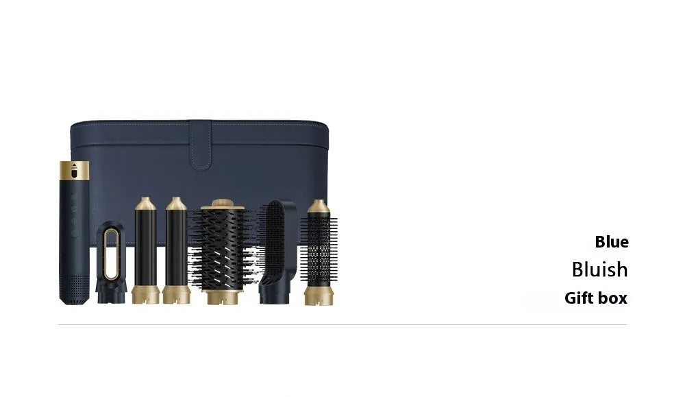 Dark blue 6-in-1 hot air styling comb and attachments in a leather case for curling and straightening hair.