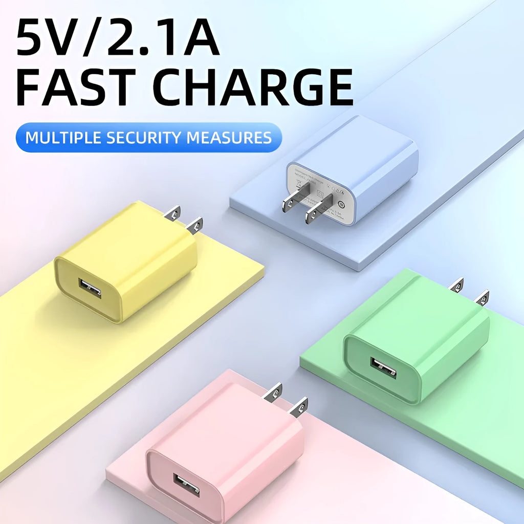 Single port USB phone charger with American standard plug, 10W output, QC2.0, in pink, green, blue or yellow
