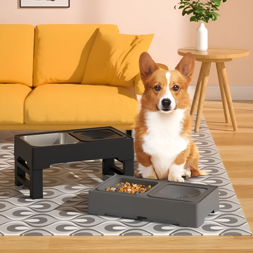 Adjustable dog bowl stand with stainless steel bowls in grey, set to middle height for a medium-sized dog