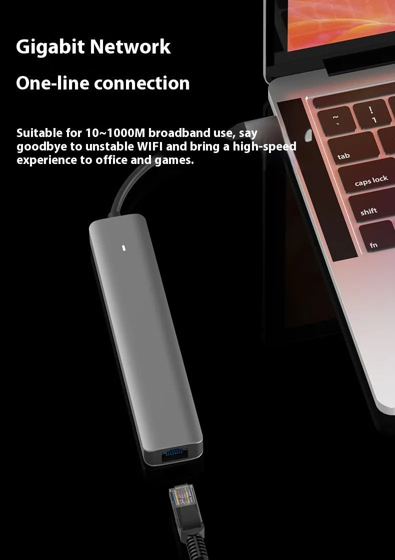 LQT-LH07 model 7-in-1 silver USB C hub showing USB-C plug, PD port, USB-A ports, and SD and microSD card slots.