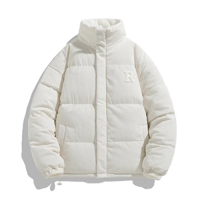 Double-sided corduroy cotton-padded coat with loose lapel, embroidery, 50cm length, available in seven colours and sizes S to 3XL.