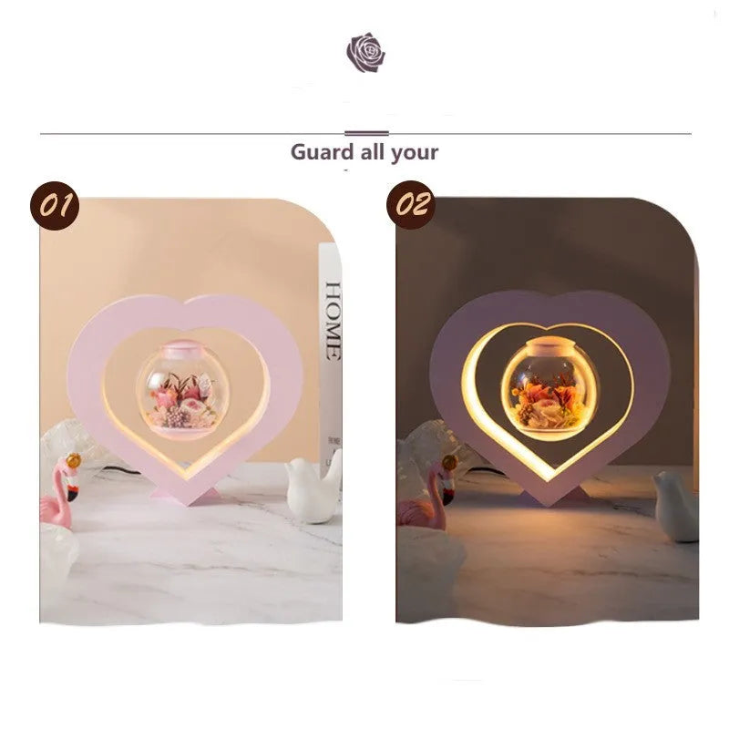 Pink preserved rose ornament with optional base and audio Bluetooth functionality for gift giving