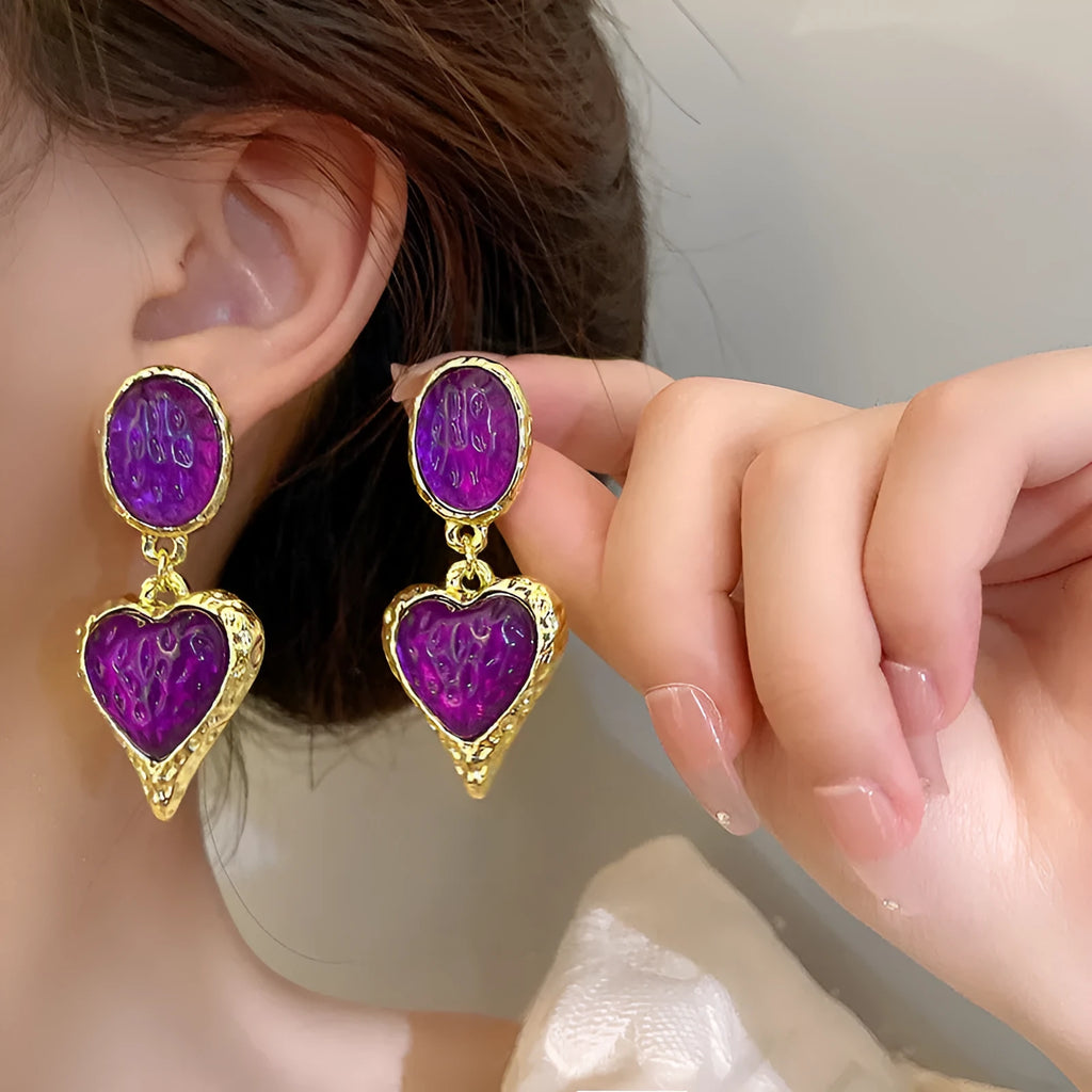 Silver needle pleated oval love heart stud earrings in green, purple, red, and yellow white on alloy posts.