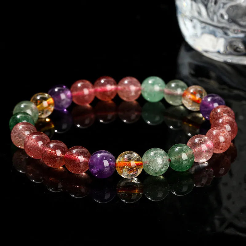 Natural strawberry quartz bracelet for women with round beads in about 7mm, 8mm, or 9mm and tourmaline colour style.